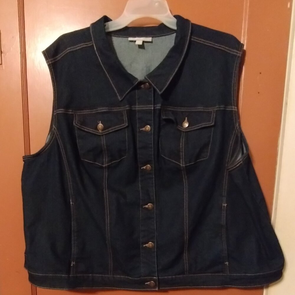 Woman Within Stretch Denim DARK Blue Jean COLLARED Vest Plus Size 32W